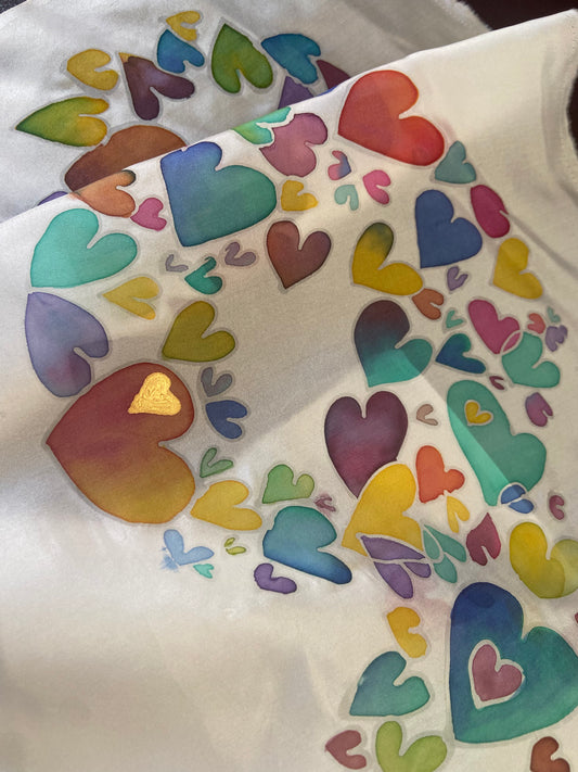 Hand-painted Hearts on silk - art piece, scarf, hair tie