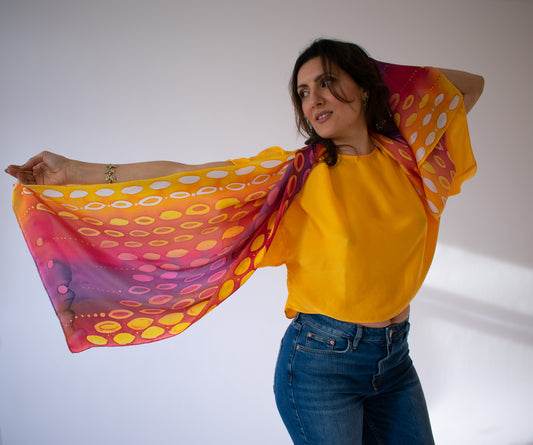 Sunset Runaway Scarf 100% Crepe Satin Silk ~ Silk-painted by hand.
