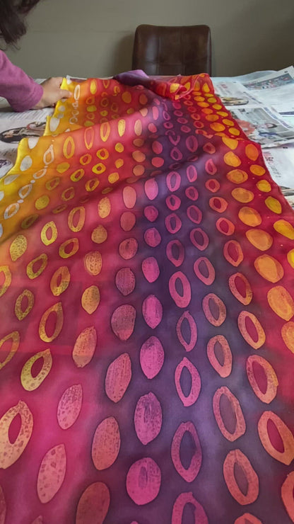 Video of Sunset Runaway Scarf 100% Crepe Satin Silk ~ Silk-painted by hand.